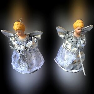 🎄2x Vintage One Light Angel Pig Tail Ornament/Tree Topper silver Dress 5"